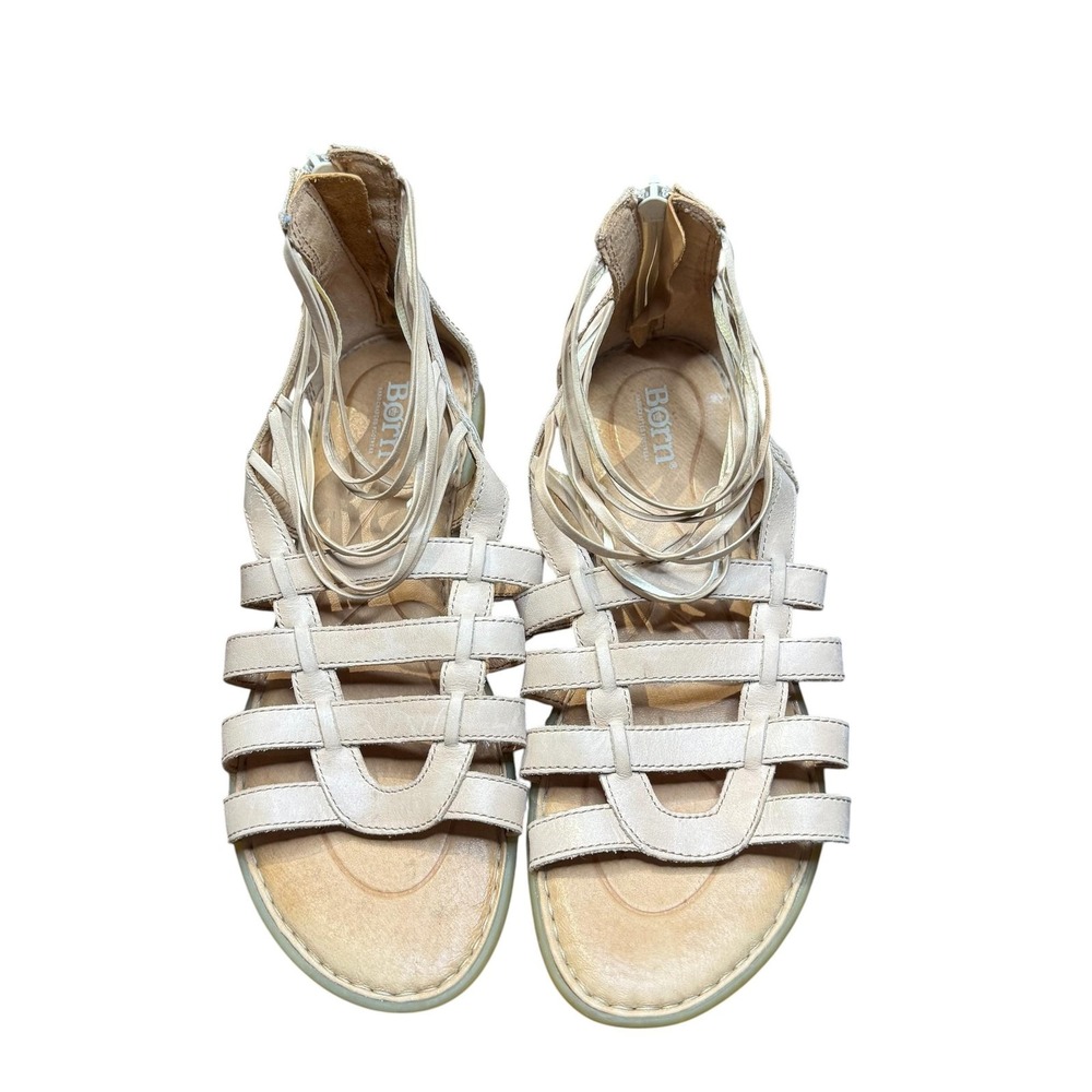 Born Sandals Womens Size 8 Beige Leather Gladiator Zip Flat Strappy Comfort